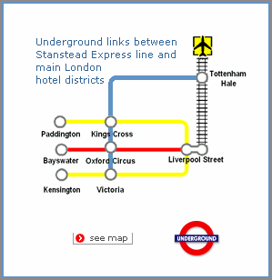 Click here to see full-size London Underground map with the two Stanstead Express interchange stations, Liverpool Street and Tottenham Hale, highlighted